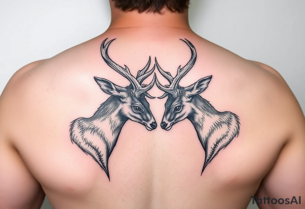 Full body Two deer with their heads down hitting horns to show dominance. tattoo idea
