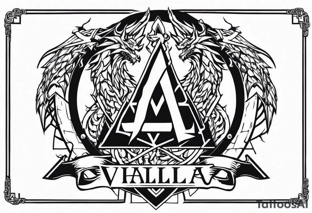 Valhalla sword shield dragon axe barbed wire chains valknut fire tattoo idea Valhalla sword shield dragon axe barbed wire chains valknut fire tattoo idea