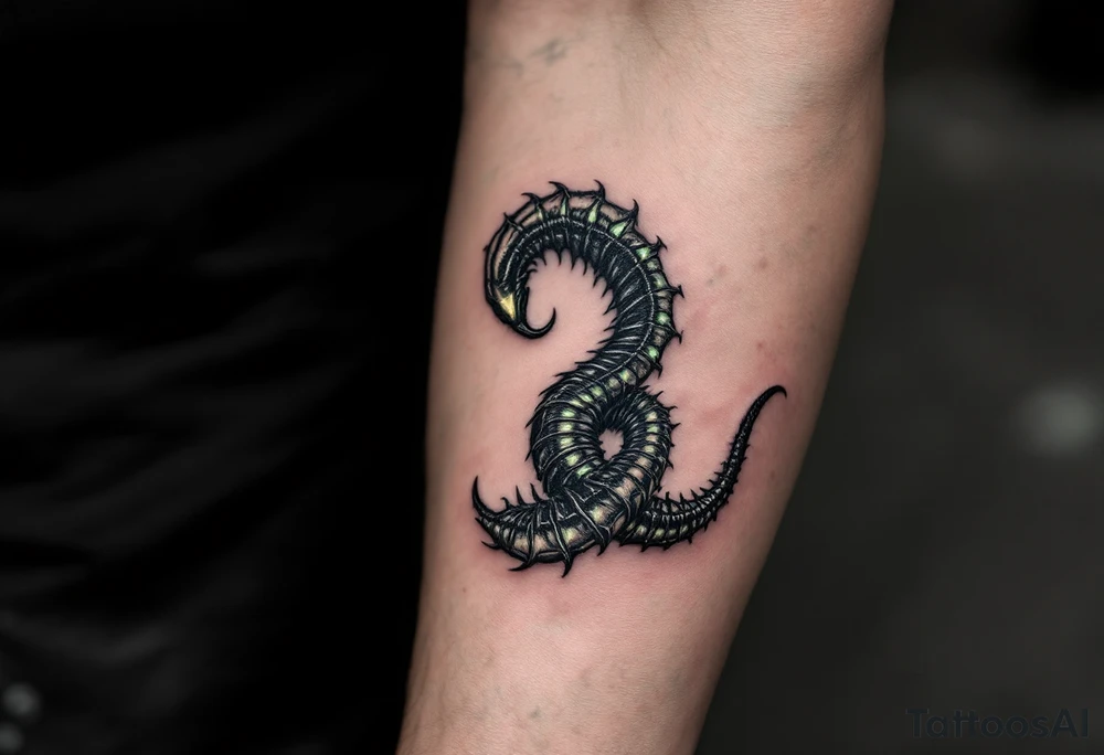 A dark Xenomorph tail spiraling around the arm, with segments that glow in a soft greenish hue, contrasting the black of the body. tattoo idea