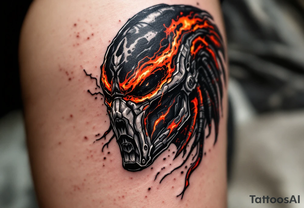 Lava Hunter Predator – A rare Yautja evolved for extreme volcanic worlds, with blackened, obsidian-like skin, magma-colored tribal scars, and a heat-resistant bio-mask with a reinforced breathing system. tattoo idea