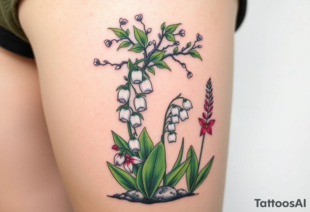 White lily in the valley bells  next to other different colored lilie plants planted underneath a blooming hawthorn tree tattoo idea