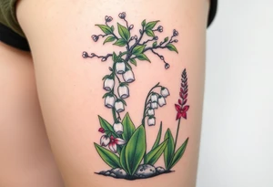 White lily in the valley bells  next to other different colored lilie plants planted underneath a blooming hawthorn tree tattoo idea