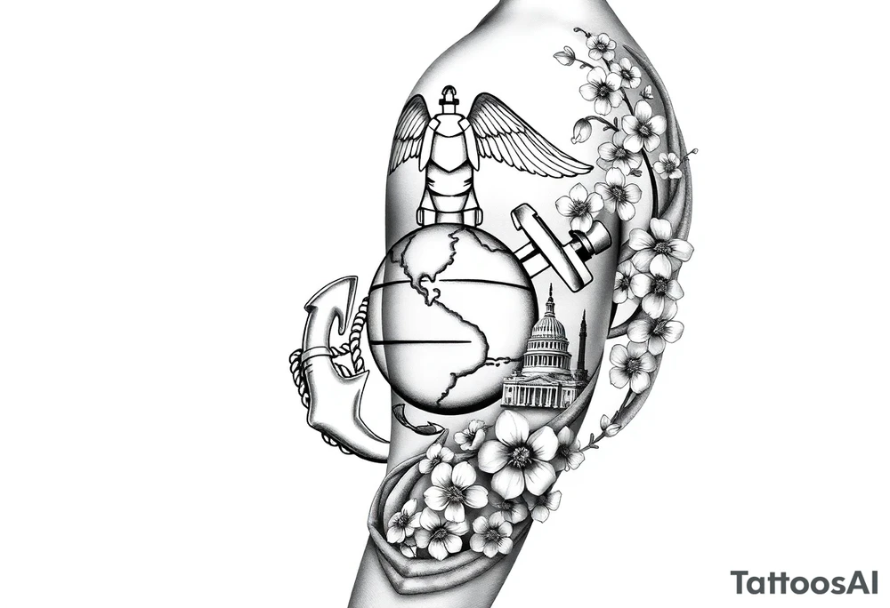 Marine Corps eagle globe and anchor emblem, Mount Fuji, Washington monument all with cherry blossoms filling in tattoo idea