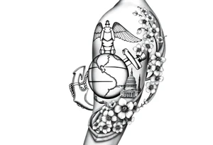 Marine Corps eagle globe and anchor emblem, Mount Fuji, Washington monument all with cherry blossoms filling in tattoo idea