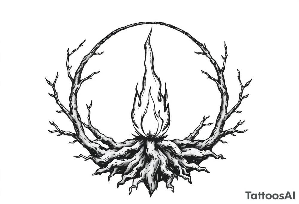 a flame imprisoned in a roots circle tattoo idea