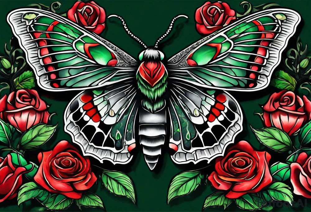 deaths head moth with green thorns and roses around it tattoo idea