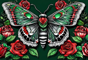 deaths head moth with green thorns and roses around it tattoo idea