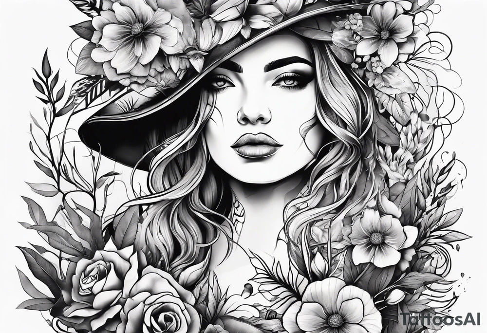 A woman, plants are growing around her, she has some wounds from the plants tattoo idea