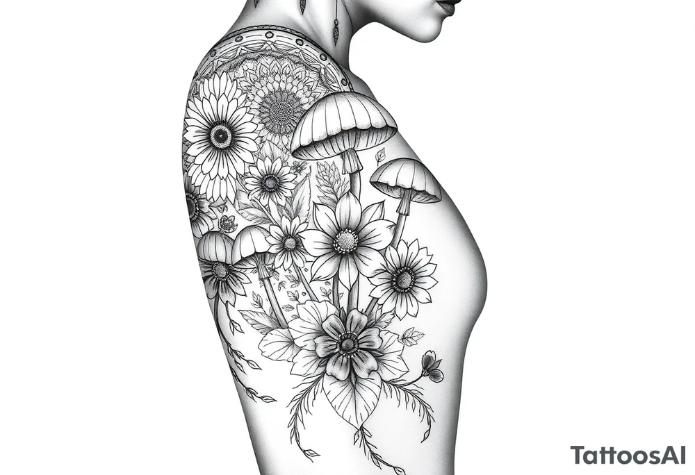 Could you possible make me a nature tattoo with mushrooms crystals  flowers mandala boho but vibrant colorful and psychedelic colorful too that would wrap from front of hip around side to mid back to cover an existing one tattoo idea