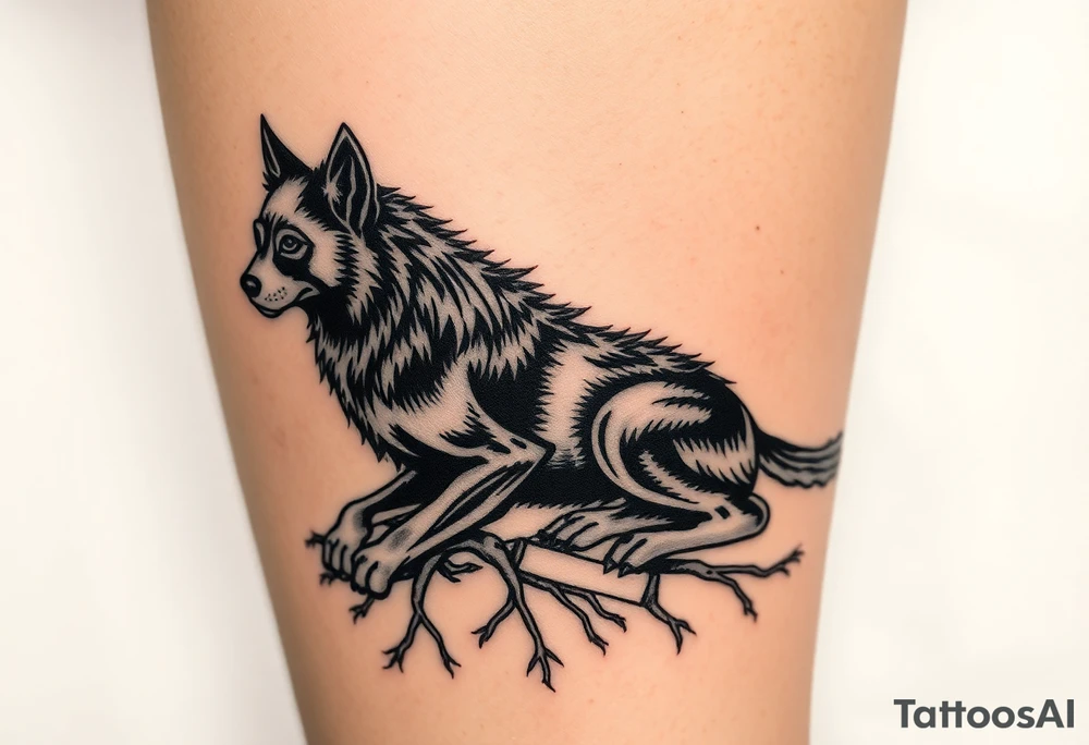 Powerful dark side black woof, sitting with roots, waiting to be unleashed on lower leg tattoo idea