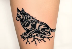 Powerful dark side black woof, sitting with roots, waiting to be unleashed on lower leg tattoo idea
