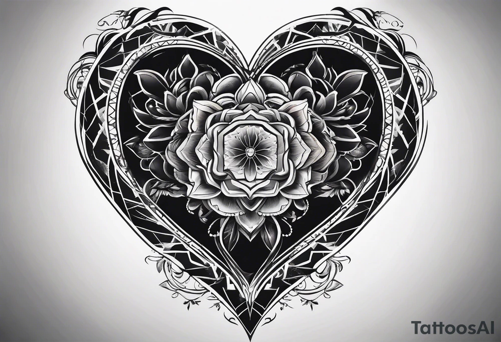 black hexagon heart with black background tattoo idea