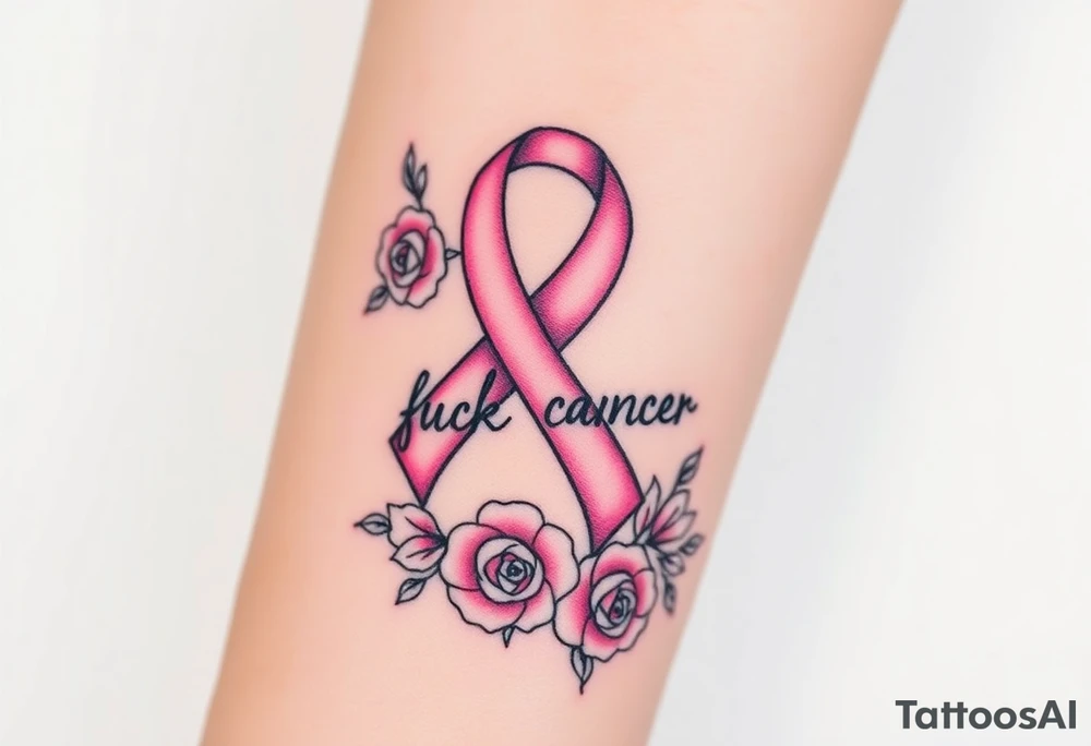 Pretty pink Cancer ribbon that says "fuck cancer"with roses tattoo idea