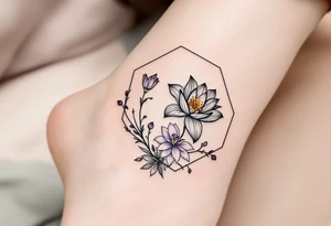 Leo, larkspur and water lily surrounded by a hexagon tattoo idea