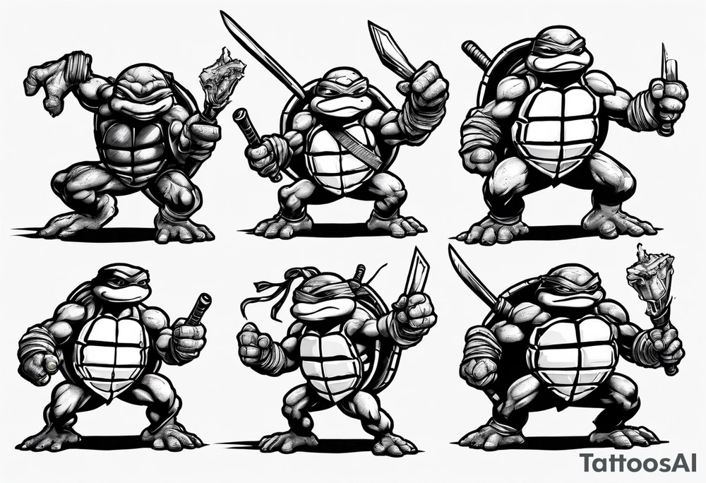 all four teenage mutant ninja turtles fighting enemies in a cityscape tattoo idea