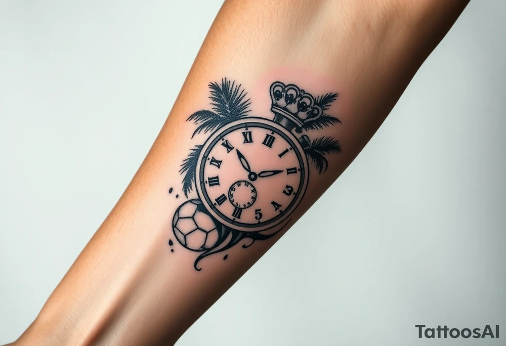 Hazme un tatuaje en el antebrazo que tenga un fondo de playa con palmeras le siga un reloj rompiéndose con un balón de fútbol con relieve con una corona y que encima del tatuaje ponga el tiempo De Dios es perfecto con una fuente en cursiva y negrita  que ocupe todo el antebrazo tattoo idea