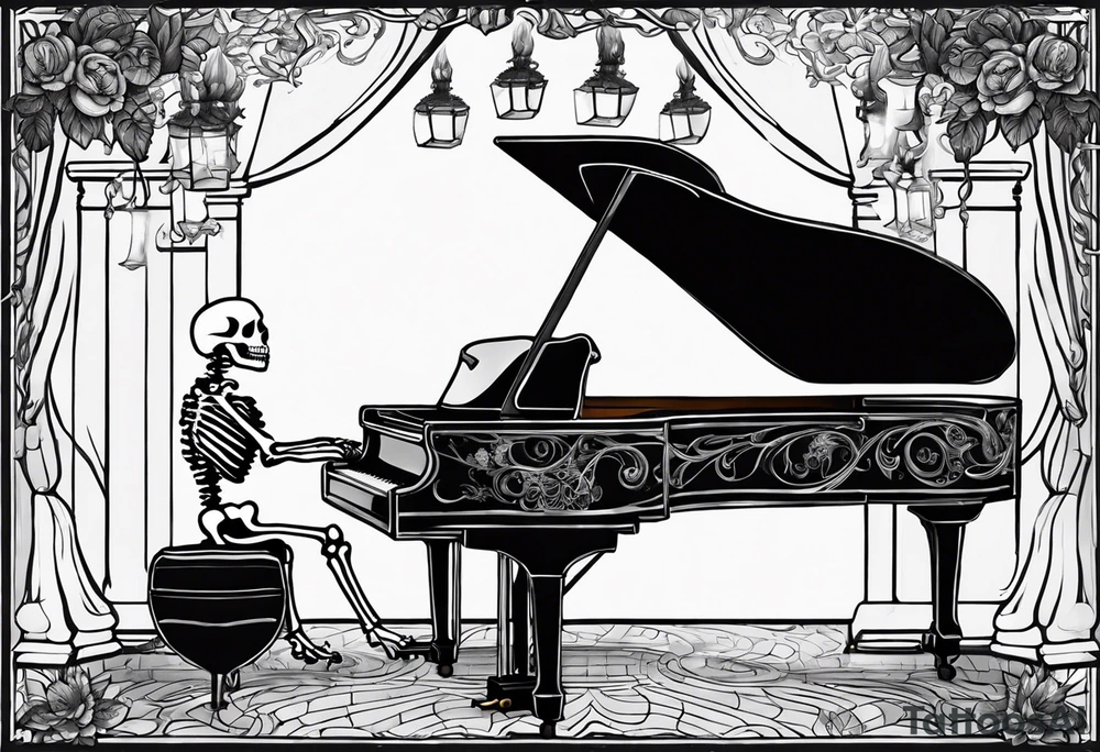 Skeleton playing a pumpkin grand piano with a candelabra sitting on the top in a cob webbed theater tattoo idea