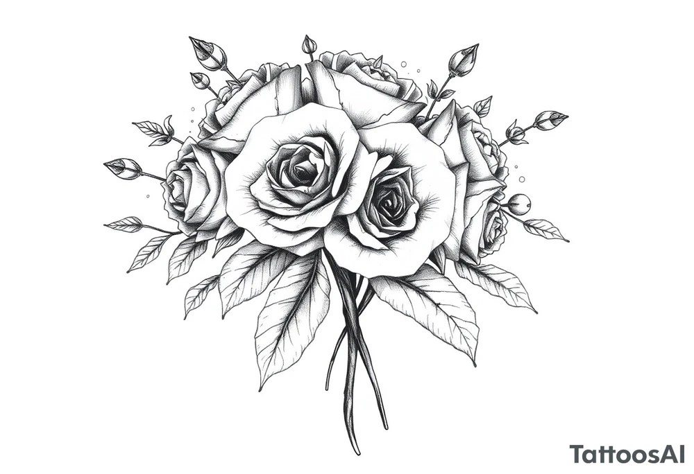 vintage bouquet of wild roses and meadow flowers with morning dew tattoo idea