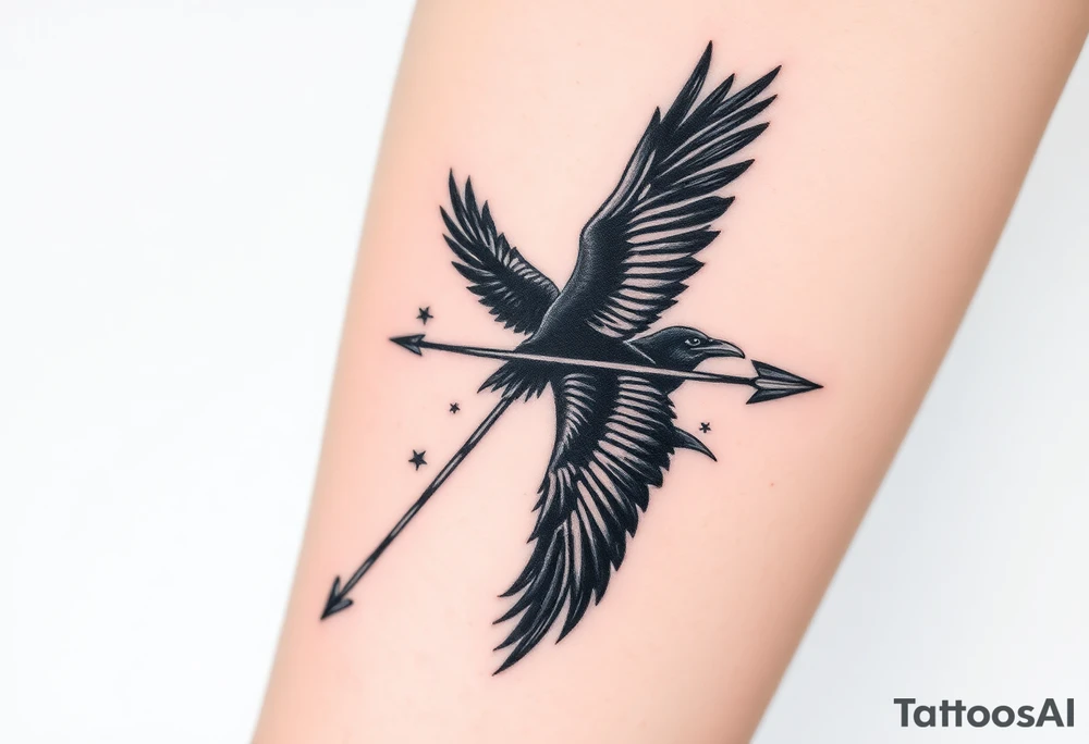bow and arrow made from raven feathers with ravens flying out from it in a shadowy way, dark fantasy theme tattoo idea