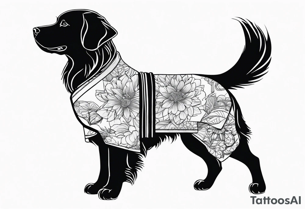 a golden retriever in a kimono full body view wearing a black belt tattoo idea