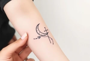 Can you make me a design for a tattoo with Lilith  symbol (half moon with cross just beneath attached to it)  a loose knot and a rose tattoo idea