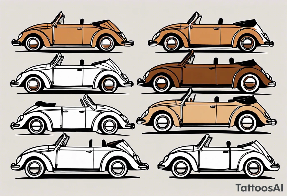 VW beetle convertible, side profile, top-down, modern, linework, minimal, no shadow, no solid shading, brown lines tattoo idea