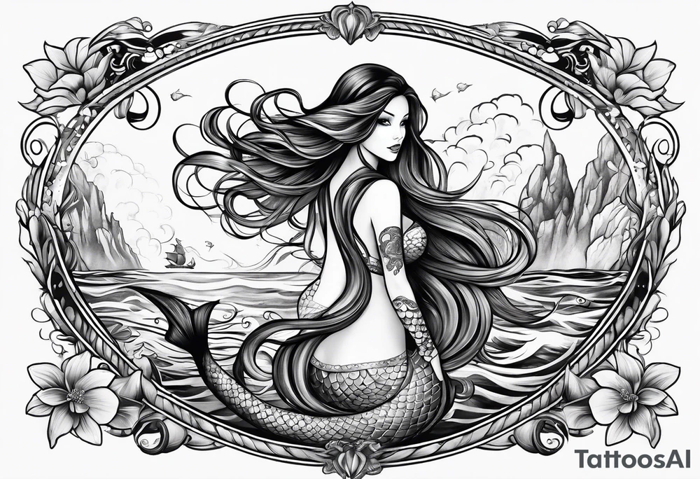 sexy full bodied mermaid with long 
flowing tail and hair, tattoo sleeve tattoo idea