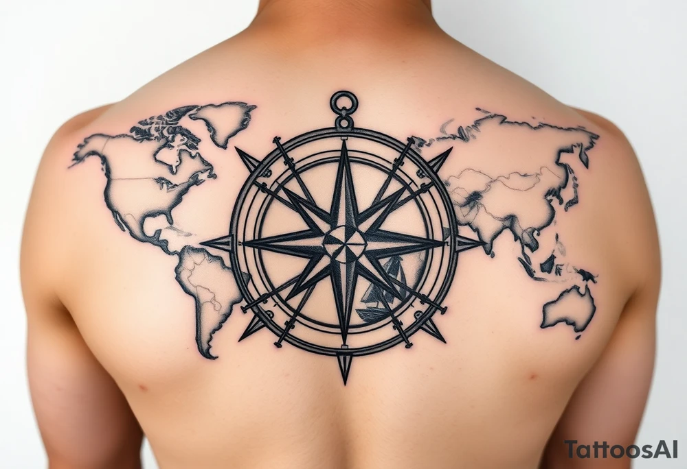 antique compass rose overlaid on weathered world map with sailing ships tattoo idea