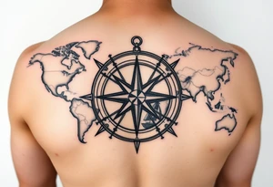 antique compass rose overlaid on weathered world map with sailing ships tattoo idea