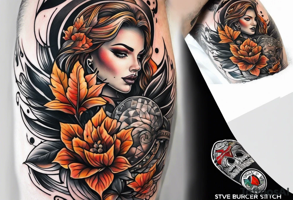 knee tattoo in fall color masculine tattoo idea
