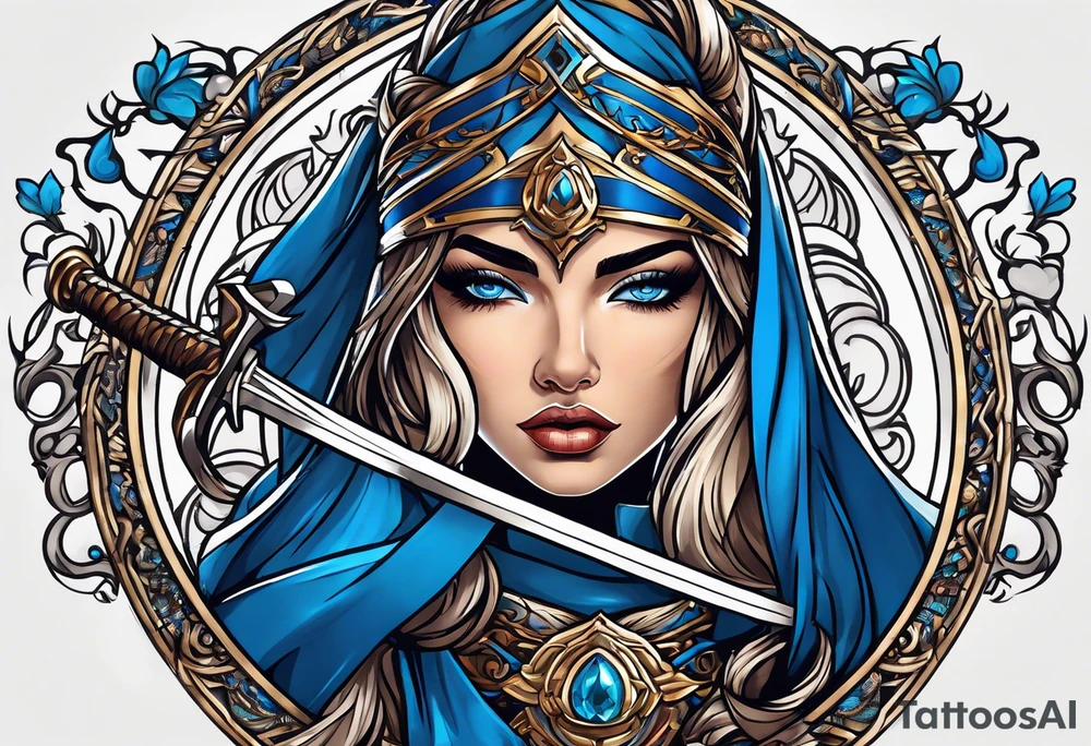 The woman's eyes are covered with a blue ribbon, she holds a sword in one hand and scales in the other . lady justicia tattoo idea