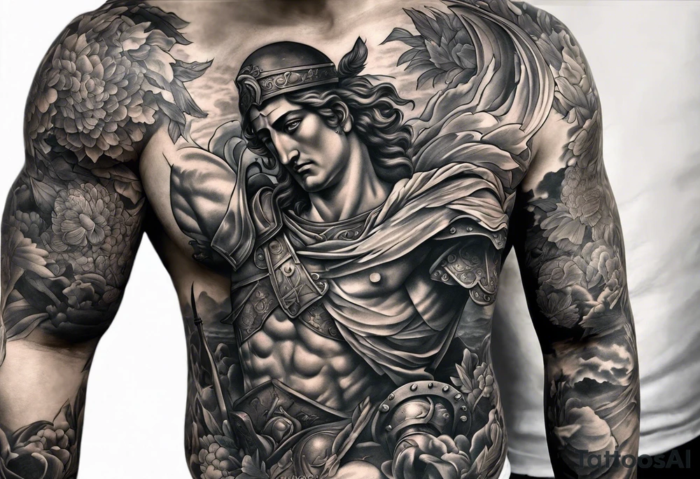 A sleeve of Roman objects, nature, and warriors tattoo idea
