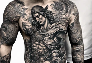A sleeve of Roman objects, nature, and warriors tattoo idea