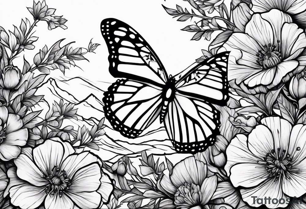 Rocky mountain peak with mountain blue birds and monarch butterflies with wild prairie roses for a half sleeve tattoo idea