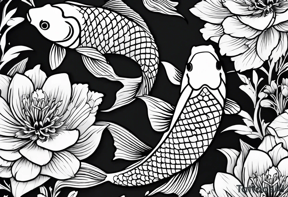 2 koi fish and flowers tattoo idea