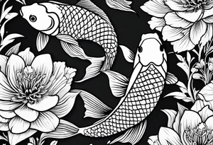 2 koi fish and flowers tattoo idea