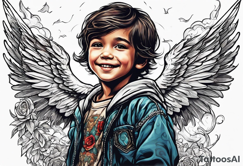 Kid smiling looking up at angel of death tattoo idea