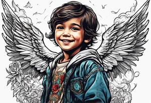 Kid smiling looking up at angel of death tattoo idea