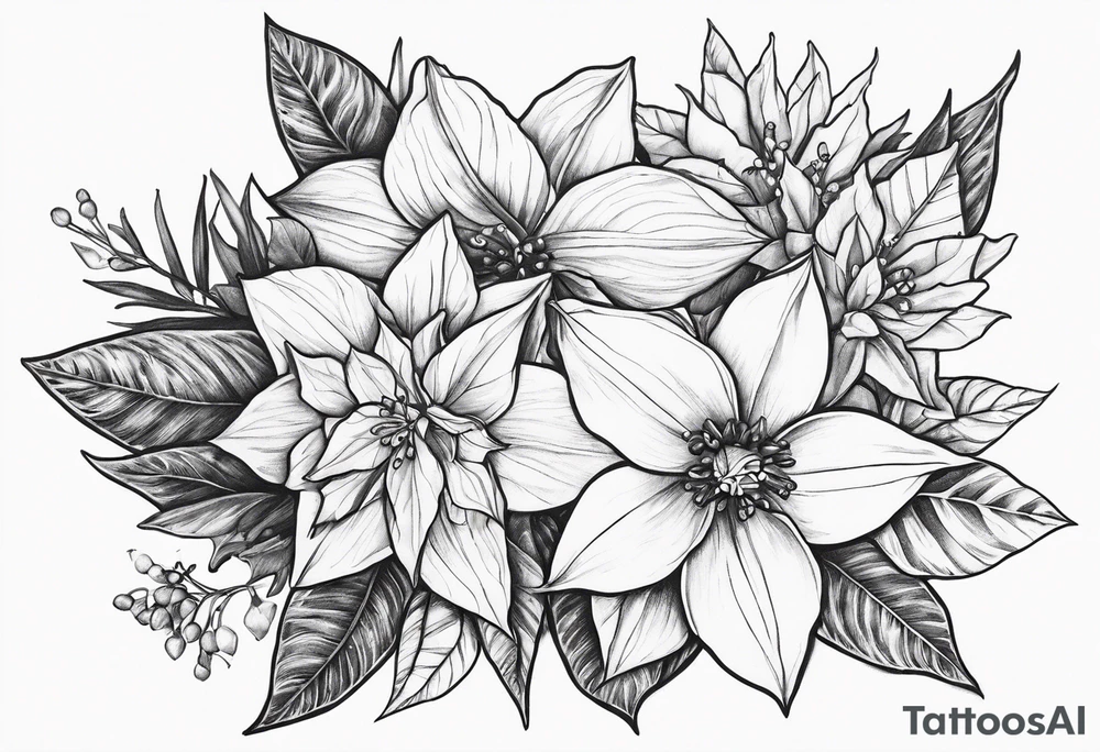 Narcissus, Poinsettia, and Holly tattoo idea