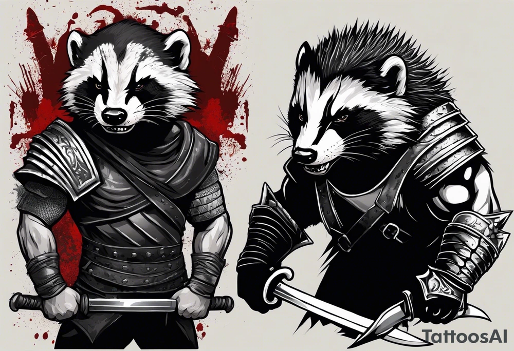 Draw me psychopath Honey Badger/Berserker/Fearless with aggressive full body, killer face with a scary smile, very long nails and he attacks like a Bloody Assassin/Warrior/Gladiator to us and also, he has very deadly looking. He fights with his nails only. Everybody scares after their first sight. Give me horror type Badger Tattoo. I want to see his Realistic full body with no weapons. You can show destruction at the back. tattoo idea