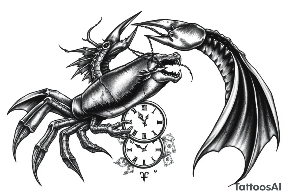 Dark cancer zodiac sign tattoo with dragon, clock and money on background tattoo idea