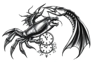 Dark cancer zodiac sign tattoo with dragon, clock and money on background tattoo idea