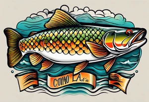 A small tattoo with a shaded trout and text that says, 'Como la trucha...' drawn with fine lines." tattoo idea