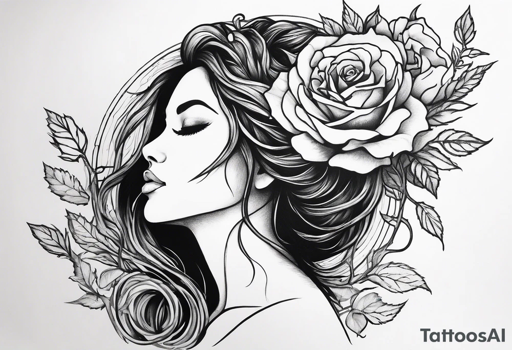 Mother natures face side profile with little hair in her face some roses and branches intertwined in her hair she’s holding a rose head. Black and white tattoo idea