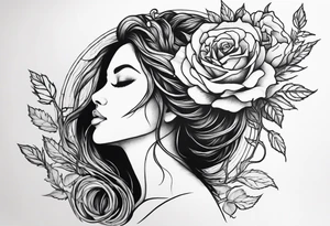 Mother natures face side profile with little hair in her face some roses and branches intertwined in her hair she’s holding a rose head. Black and white tattoo idea