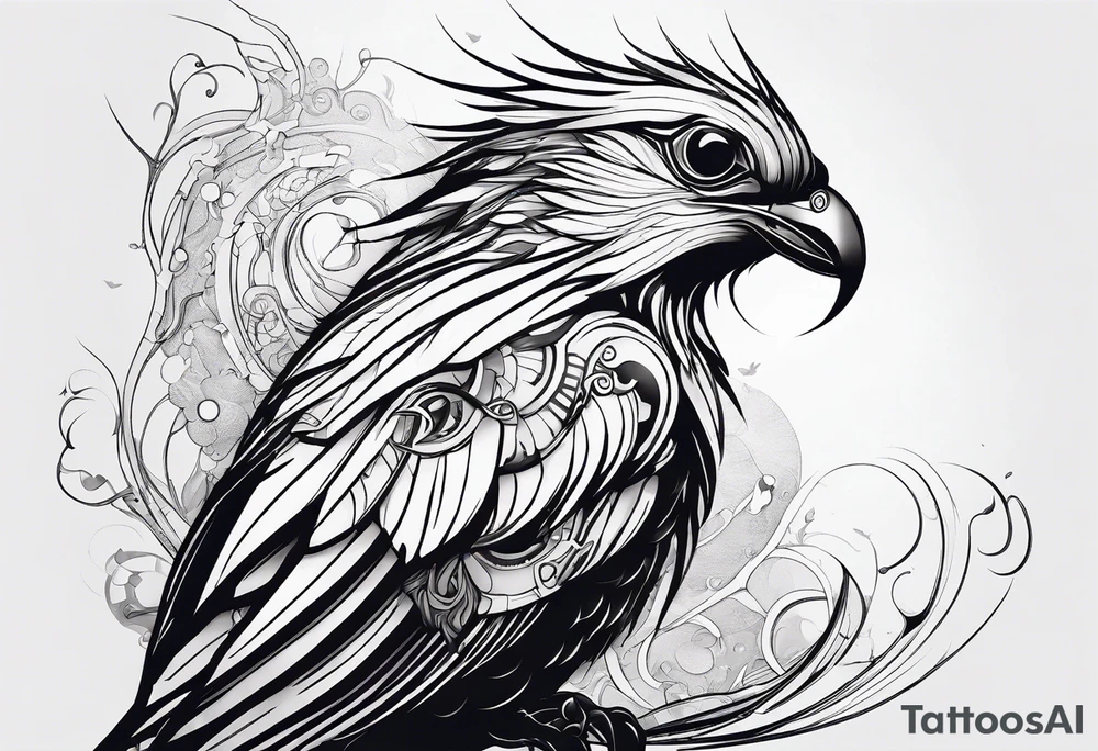 Minimalistic design Cyberpunk Quetzal that has cybernetic neurons coming from the bottom. tattoo idea