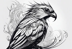 Minimalistic design Cyberpunk Quetzal that has cybernetic neurons coming from the bottom. tattoo idea