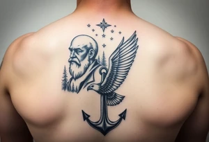 rustic Father time and the Keeper of the stars with a Forest backround, a hidden anchor, and 
Canadian Air force eagle tattoo idea