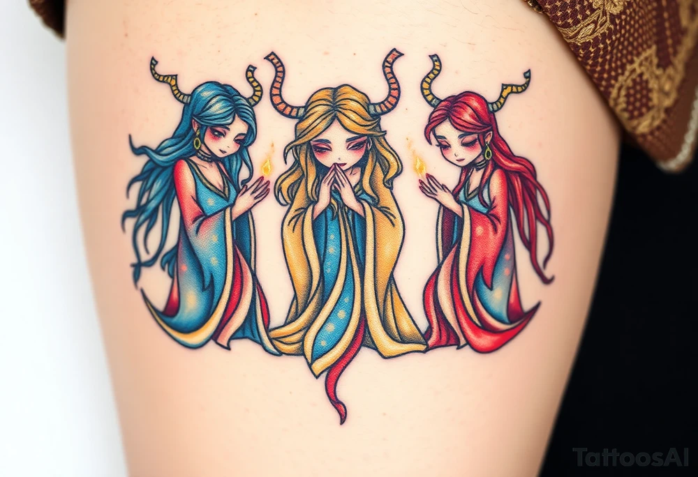 A detailed depiction of the Norns, three mysterious women weaving the threads of fate, their robes glowing in soft blue, gold, and crimson light tattoo idea