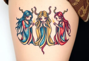 A detailed depiction of the Norns, three mysterious women weaving the threads of fate, their robes glowing in soft blue, gold, and crimson light tattoo idea